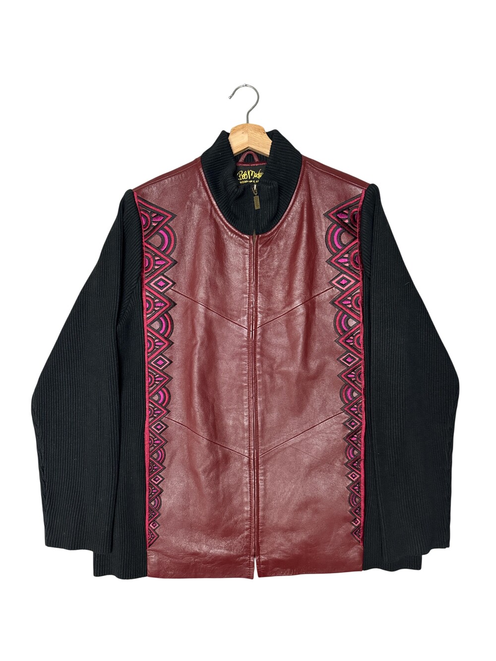 Vintage Bob Mackie Jacket Womens L Red Leather Knit Geometric Embroidered Zip